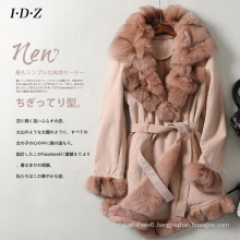 New Design Lady′s Genuine Shearing Leather and Fur Jacket Long Style Fox Fur